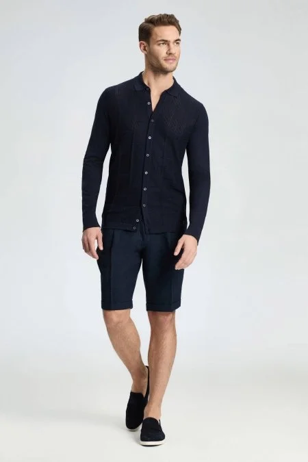 Ajur Örgü Detaylı İpek Karışım Lacivert Triko Gömlek