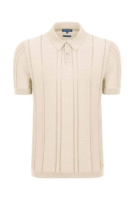 Ajur Örgü Detaylı Krem Rengi Triko Polo