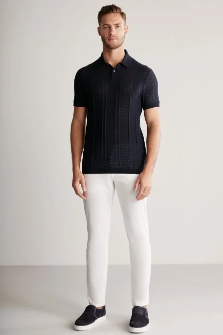 Ajur Örgü Detaylı Lacivert Triko Polo