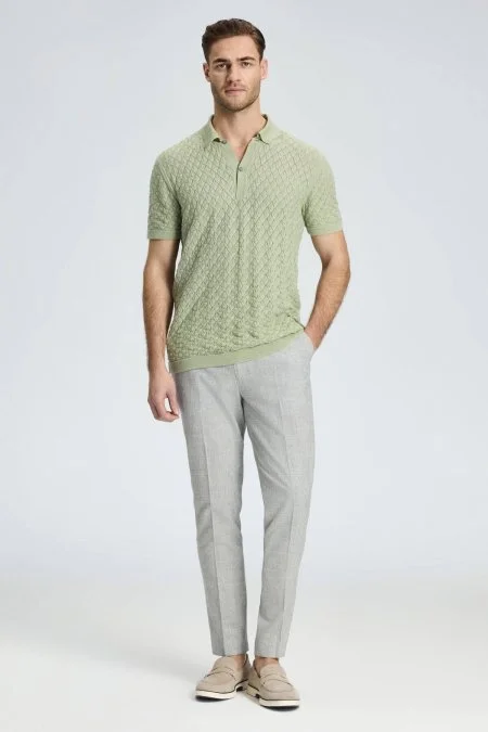 Ajur Örgü Detaylı Saf Pamuk Yeşil Triko Polo