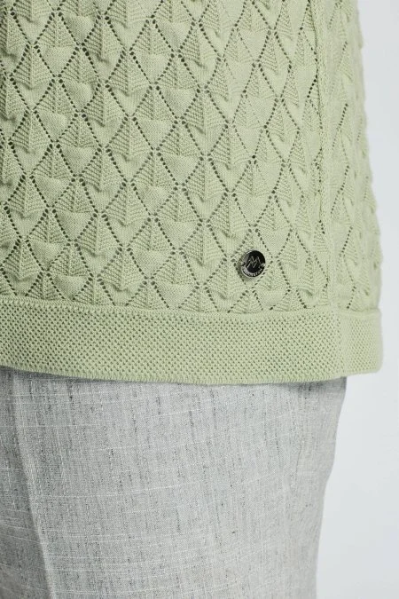 Ajur Örgü Detaylı Saf Pamuk Yeşil Triko Polo