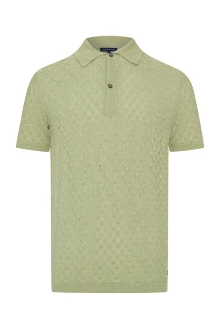 Ajur Örgü Detaylı Saf Pamuk Yeşil Triko Polo