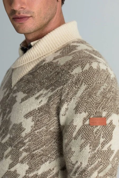 Alpaka Yün Kaşmir Karışım Şal Yaka Desenli Ekru Triko