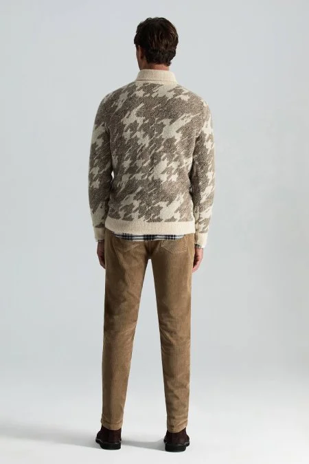 Alpaka Yün Kaşmir Karışım Şal Yaka Desenli Ekru Triko