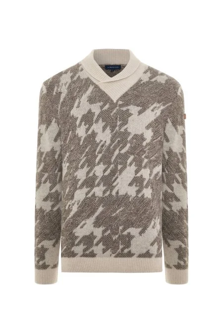 Alpaka Yün Kaşmir Karışım Şal Yaka Desenli Ekru Triko