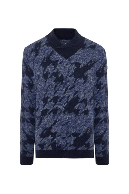 Alpaka Yün Kaşmir Karışım Şal Yaka Desenli Mavi Triko