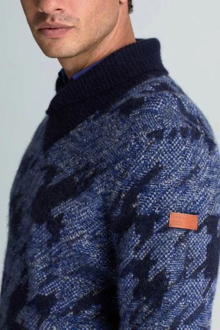 Alpaka Yün Kaşmir Karışım Şal Yaka Desenli Mavi Triko