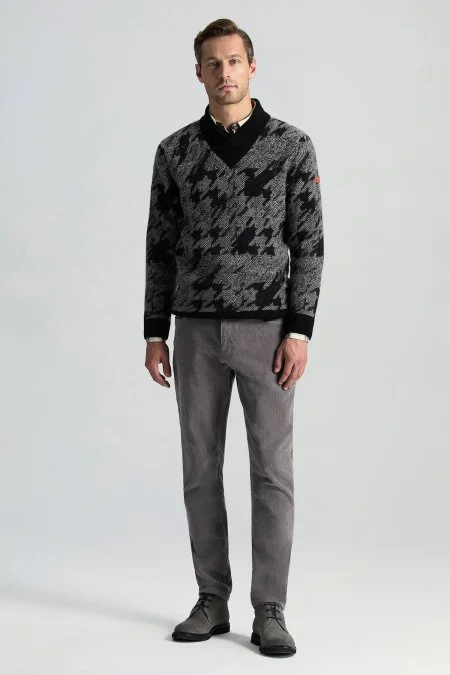 Alpaka Yün Kaşmir Karışım Şal Yaka Desenli Siyah Triko