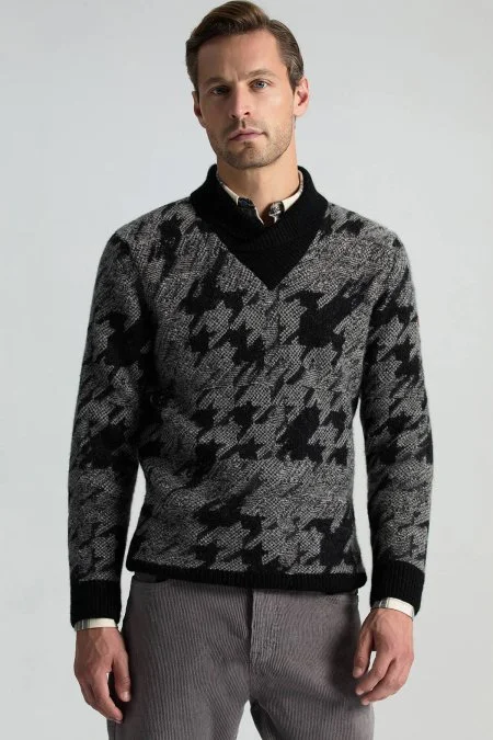 Alpaka Yün Kaşmir Karışım Şal Yaka Desenli Siyah Triko