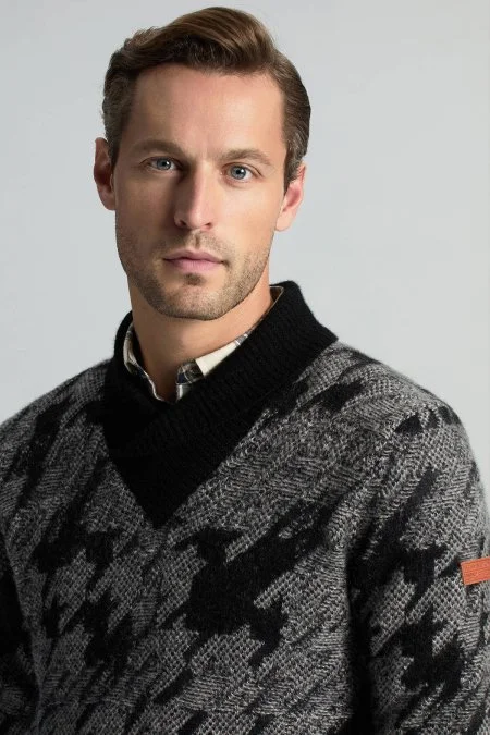 Alpaka Yün Kaşmir Karışım Şal Yaka Desenli Siyah Triko