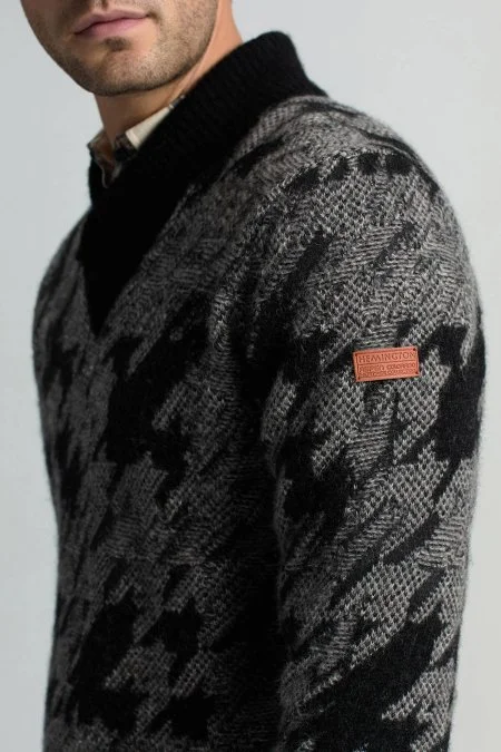 Alpaka Yün Kaşmir Karışım Şal Yaka Desenli Siyah Triko