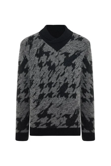 Alpaka Yün Kaşmir Karışım Şal Yaka Desenli Siyah Triko