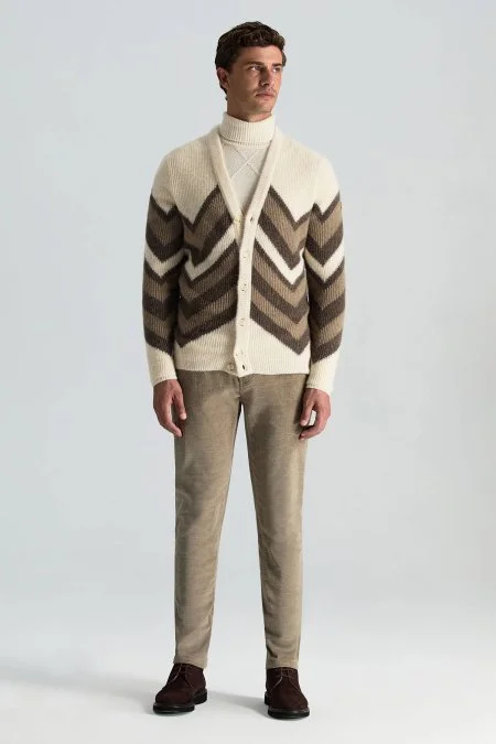 Alpaka Yün Kaşmir Karışım Zigzag Desen Bej Camel Düğmeli Hırka