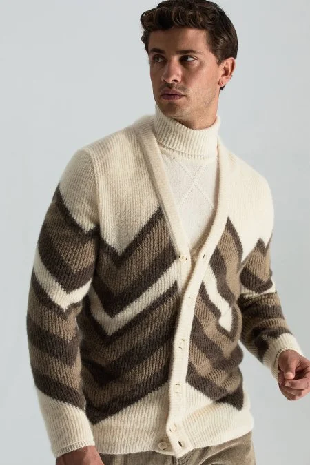 Alpaka Yün Kaşmir Karışım Zigzag Desen Bej Camel Düğmeli Hırka