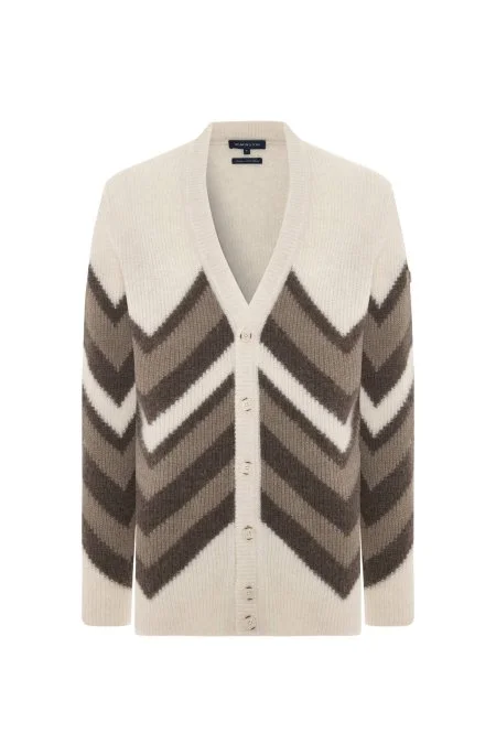 Alpaka Yün Kaşmir Karışım Zigzag Desen Bej Camel Düğmeli Hırka