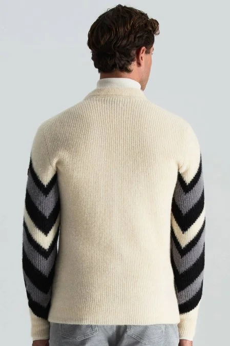 Alpaka Yün Kaşmir Karışım Zigzag Desen Bej Gri Düğmeli Hırka