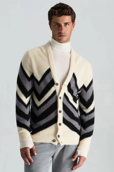 Alpaka Yün Kaşmir Karışım Zigzag Desen Bej Gri Düğmeli Hırka