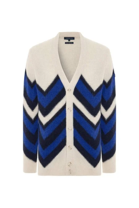 Alpaka Yün Kaşmir Karışım Zigzag Desen Bej Lacivert Düğmeli Hırka