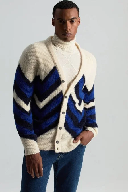 Alpaka Yün Kaşmir Karışım Zigzag Desen Bej Lacivert Düğmeli Hırka