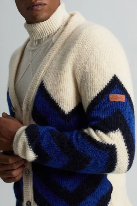 Alpaka Yün Kaşmir Karışım Zigzag Desen Bej Lacivert Düğmeli Hırka