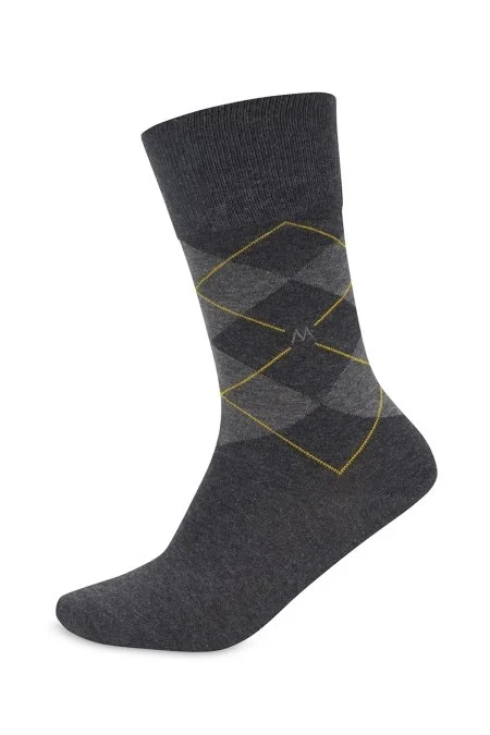 Antrasit Baklava Sarı Çizgili Pamuk Çorap