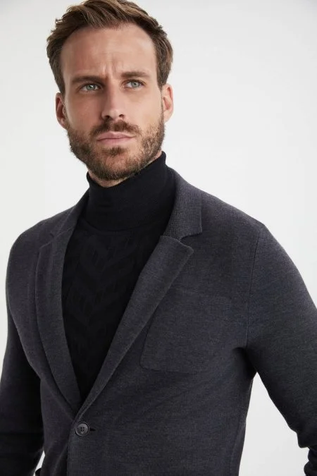 Antrasit Extrafine Merino Triko Blazer Ceket