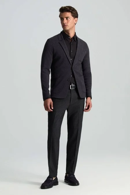 Extrafine Merino Antrasit Triko Blazer Ceket