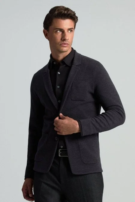 Extrafine Merino Antrasit Triko Blazer Ceket