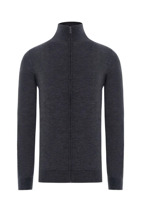 Extrafine Merino Fermuarlı Antrasit Triko Hırka