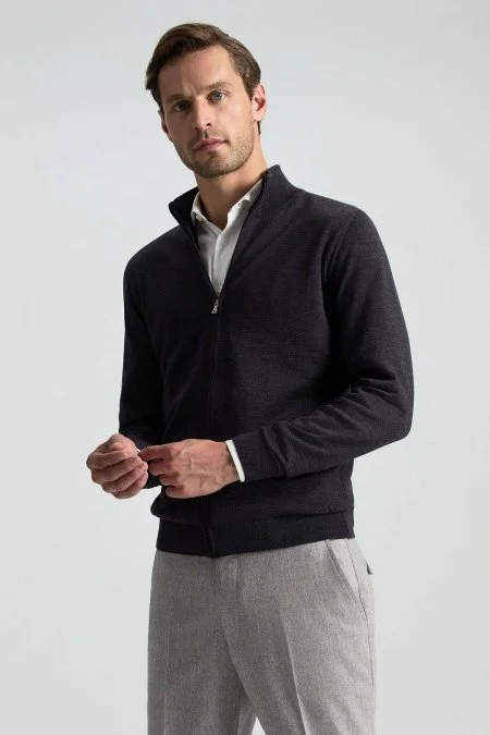 Extrafine Merino Fermuarlı Antrasit Triko Hırka