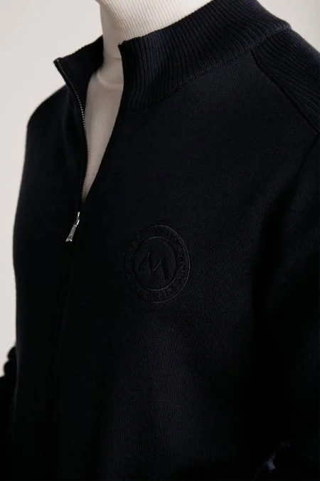 Arma Detaylı Fermuarlı Lacivert Triko Spor Ceket