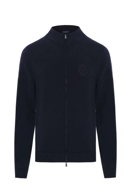 Arma Detaylı Fermuarlı Lacivert Triko Spor Ceket