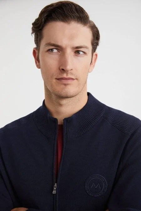 Arma Detaylı Fermuarlı Lacivert Triko Spor Ceket