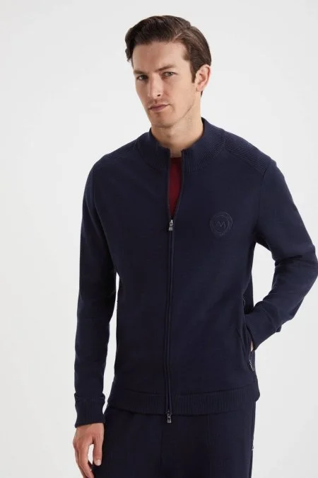 Arma Detaylı Fermuarlı Lacivert Triko Spor Ceket