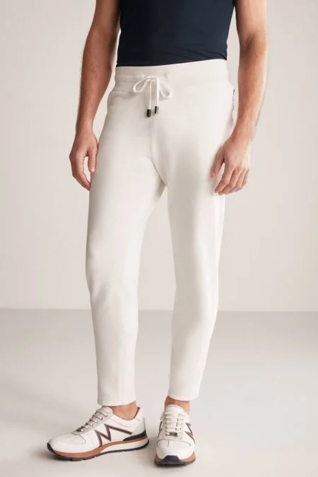Bağcıklı Beyaz Slim Fit Triko Pantolon