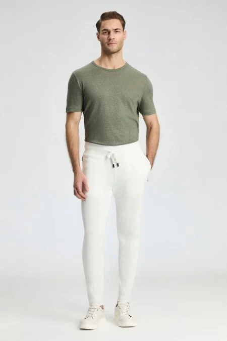 Bağcıklı Beyaz Slim Fit Triko Pantolon