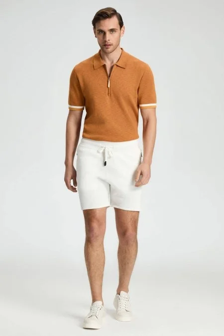 Bağcıklı Nakış Logolu Beyaz Triko Şort