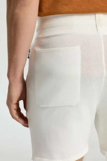 Bağcıklı Nakış Logolu Beyaz Triko Şort