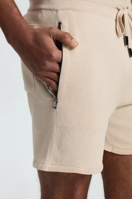 Bağcıklı Nakış Logolu Krem Rengi Triko Şort