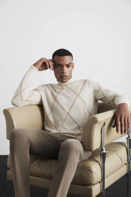 Baklava Desen Lupetto Yaka Merino Yün Açık Bej Triko