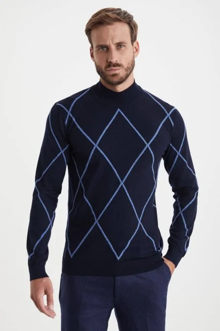 Baklava Desen Lupetto Yaka Merino Yün Lacivert Triko