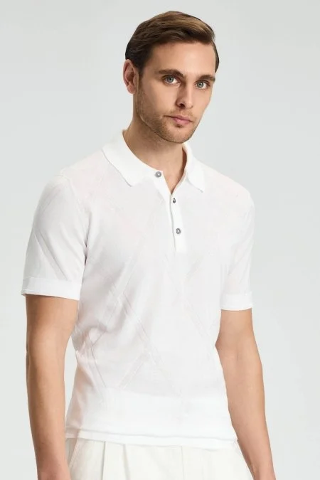 Baklava Desen Beyaz Merserize Pamuk Triko Polo