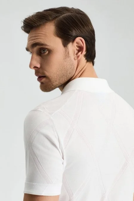 Baklava Desen Beyaz Merserize Pamuk Triko Polo