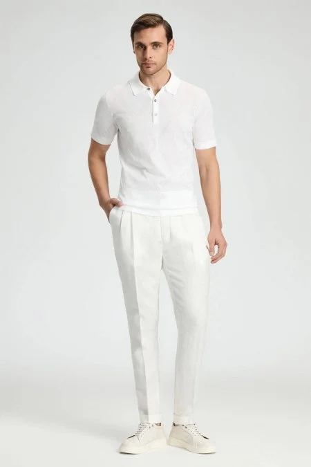 Baklava Desen Beyaz Merserize Pamuk Triko Polo