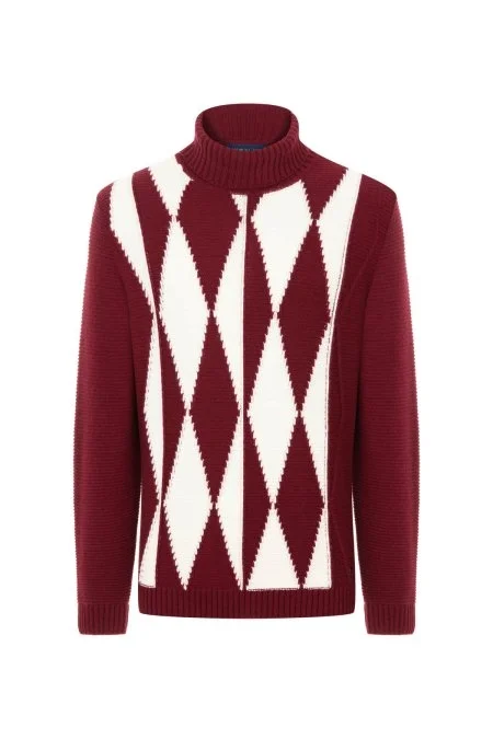 Baklava Desen Boğazlı Saf Kaşmir Bordo Kazak