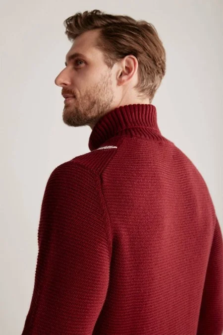 Baklava Desen Boğazlı Saf Kaşmir Bordo Kazak