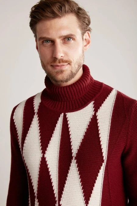 Baklava Desen Boğazlı Saf Kaşmir Bordo Kazak