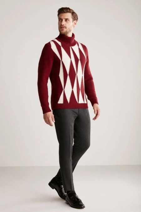 Baklava Desen Boğazlı Saf Kaşmir Bordo Kazak