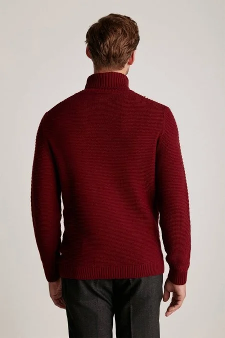 Baklava Desen Boğazlı Saf Kaşmir Bordo Kazak