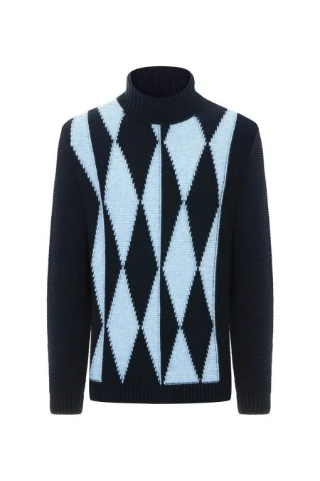 Baklava Desen Boğazlı Saf Kaşmir Lacivert Kazak